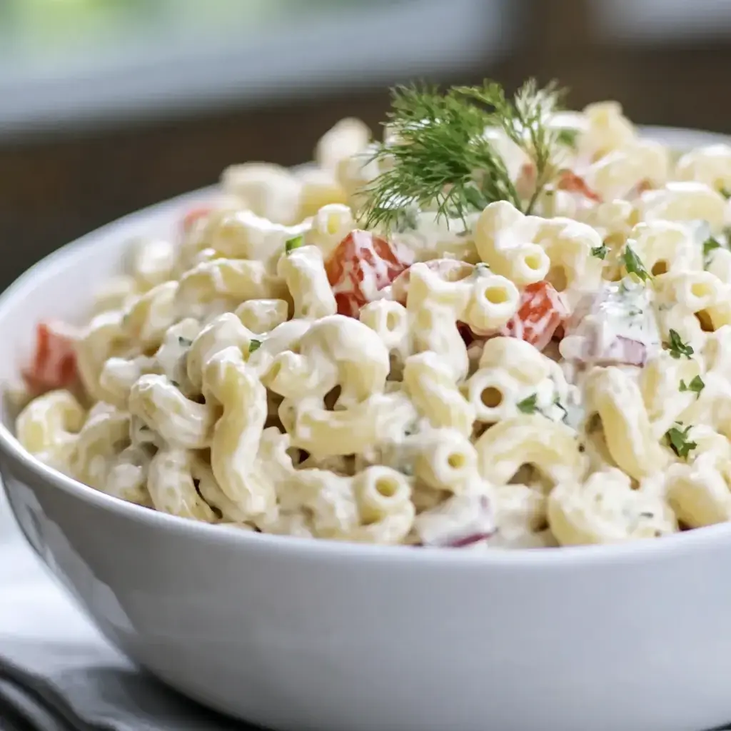 A close-up of a creamy pasta salad with macaroni, diced tomatoes, and herbs in a large white bowl.