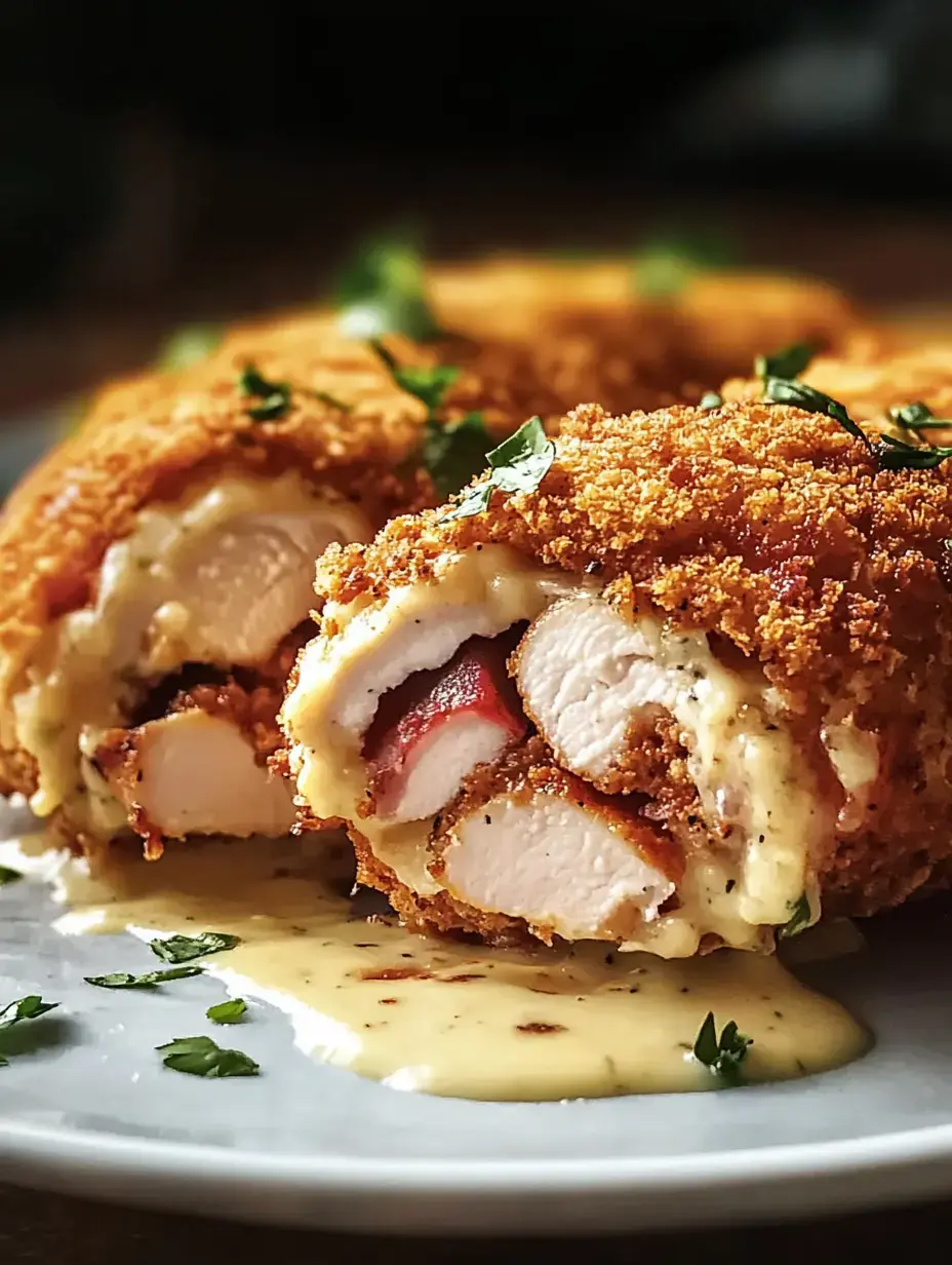 A close-up of a sliced breaded chicken roll filled with ham and cheese, served on a plate with a creamy sauce and garnished with green herbs.