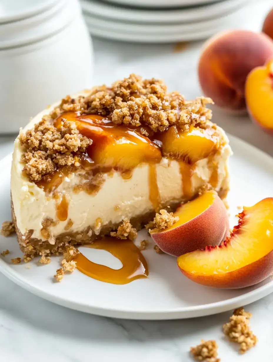 A slice of creamy cheesecake topped with caramelized peaches and crumbled topping, served alongside fresh peach slices on a white plate.