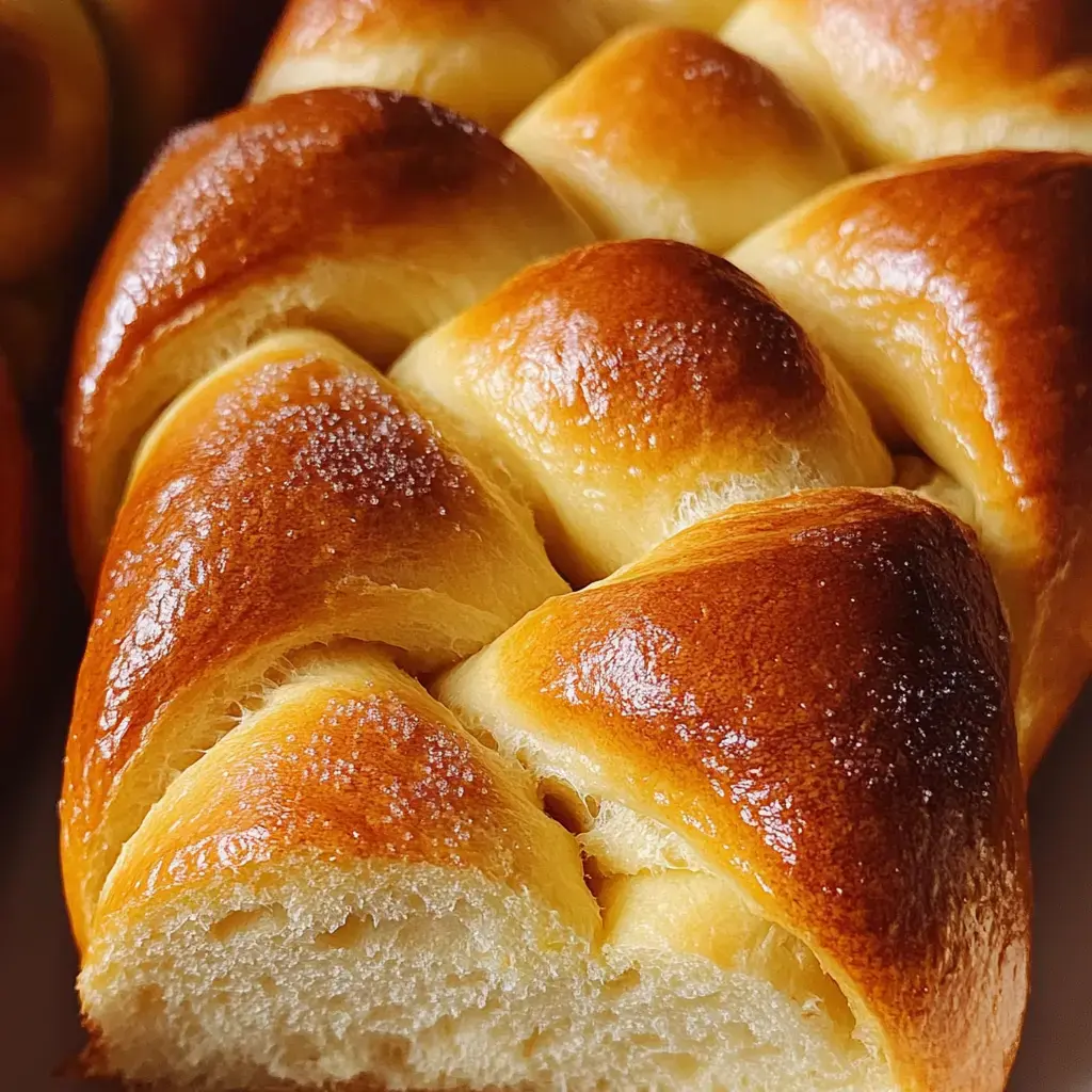 A close-up view of a freshly baked, glossy braided bread with a golden-brown crust.