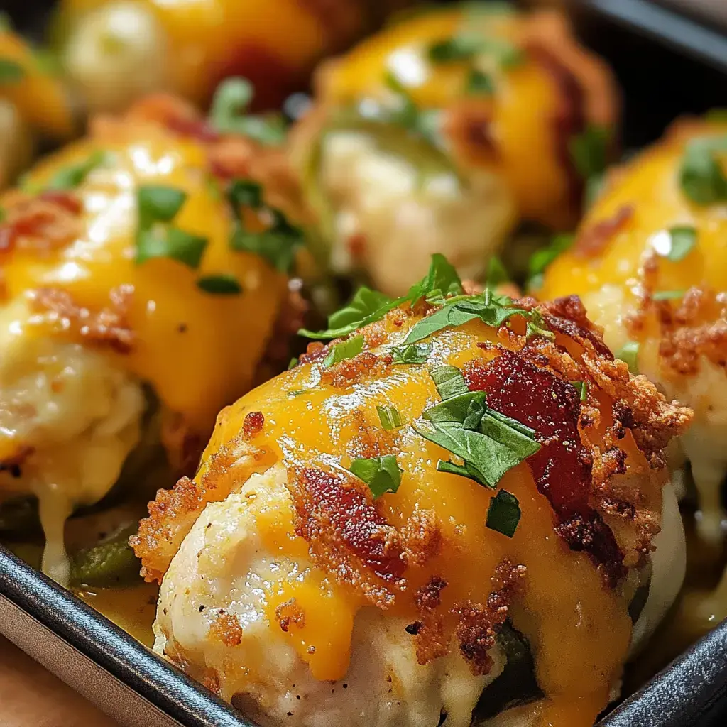 A close-up of stuffed jalapeños topped with melted cheddar cheese, crispy bacon bits, and fresh herbs.