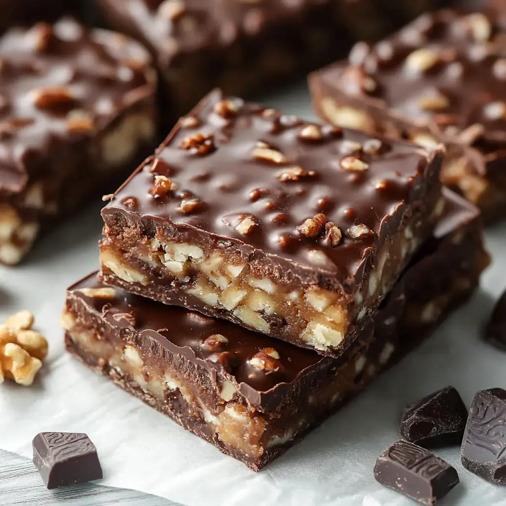 A close-up view of three stacked chocolate bars with a glossy chocolate topping sprinkled with chopped walnuts, placed on a surface with additional chocolate pieces nearby.