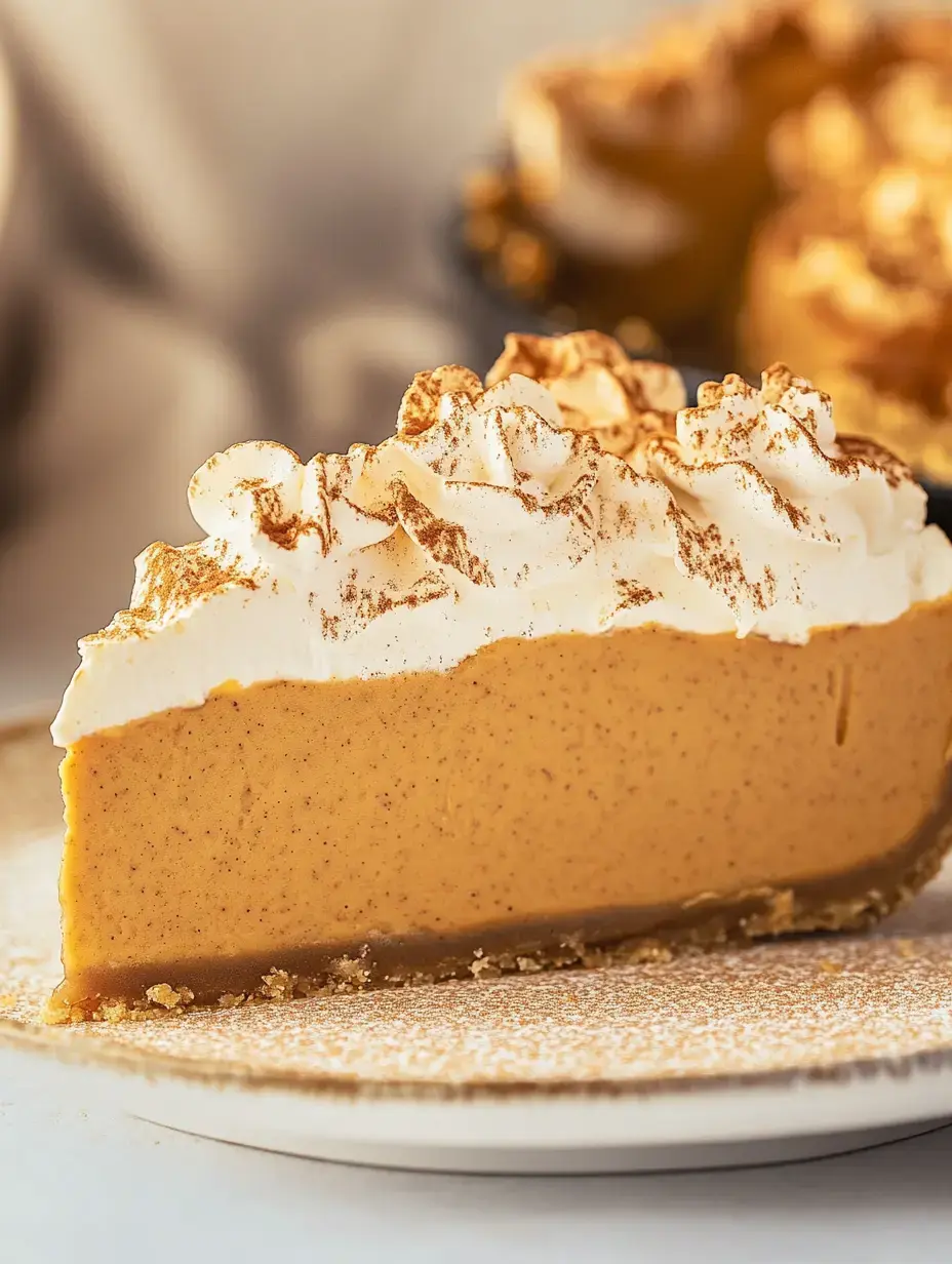 A slice of creamy pumpkin pie topped with whipped cream and a dusting of cinnamon, displayed on a plate.