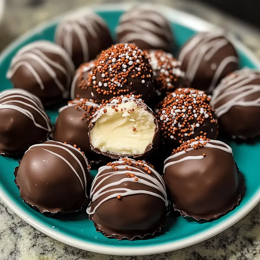 A plate of chocolate-covered truffles, some topped with colorful sprinkles, includes one truffle cut in half to reveal a creamy filling.