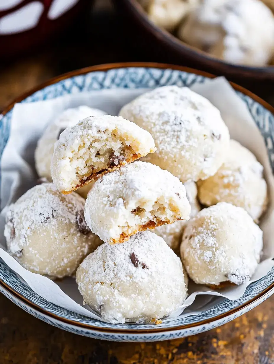 A close-up of a bowl filled with powdered sugar-covered cookies, with one cookie showing a bite taken out of it to reveal a chocolate chip center.