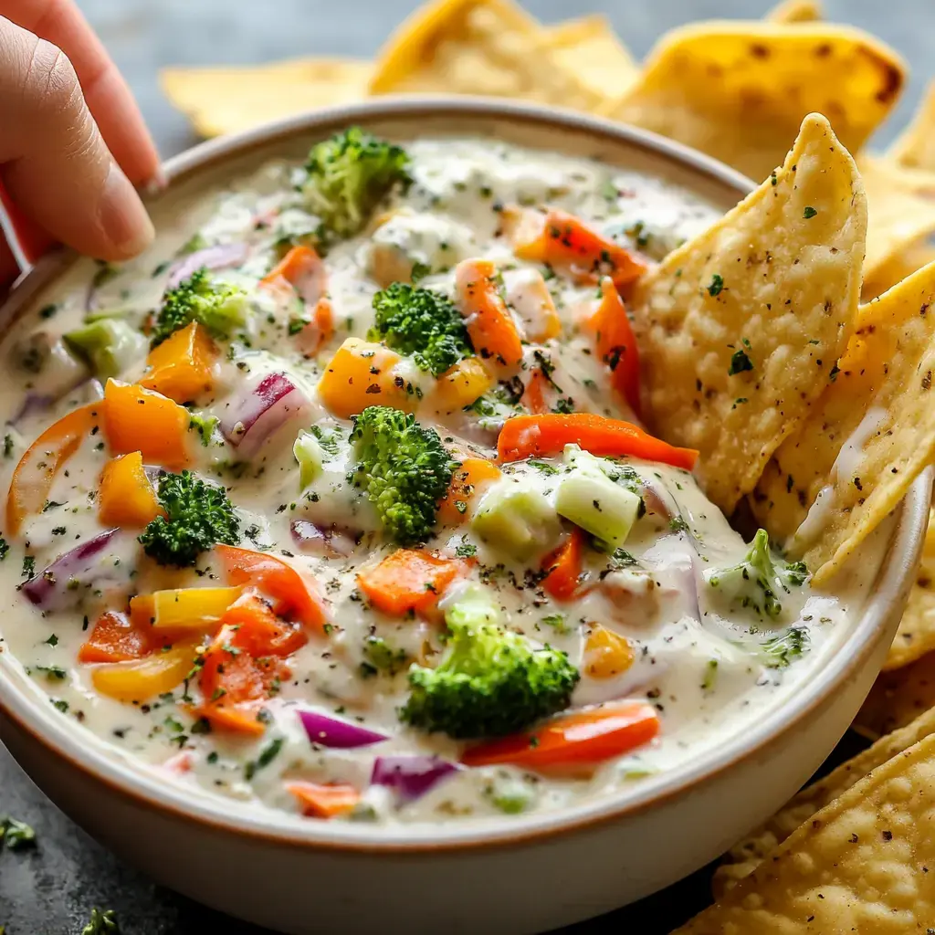 A bowl of creamy vegetable dip with colorful diced peppers, broccoli, and red onion, accompanied by tortilla chips.