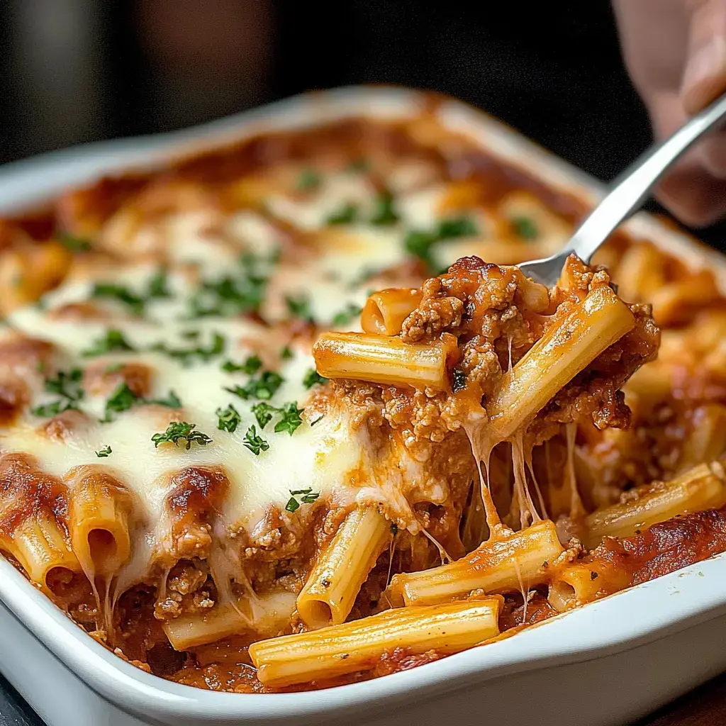 A fork lifts a cheesy, meaty portion of baked pasta from a white dish, topped with chopped parsley.