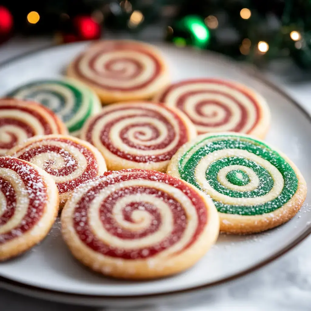 A plate of colorful spiral cookies, featuring red, green, and white designs, dusted with powdered sugar, set against a festive background.