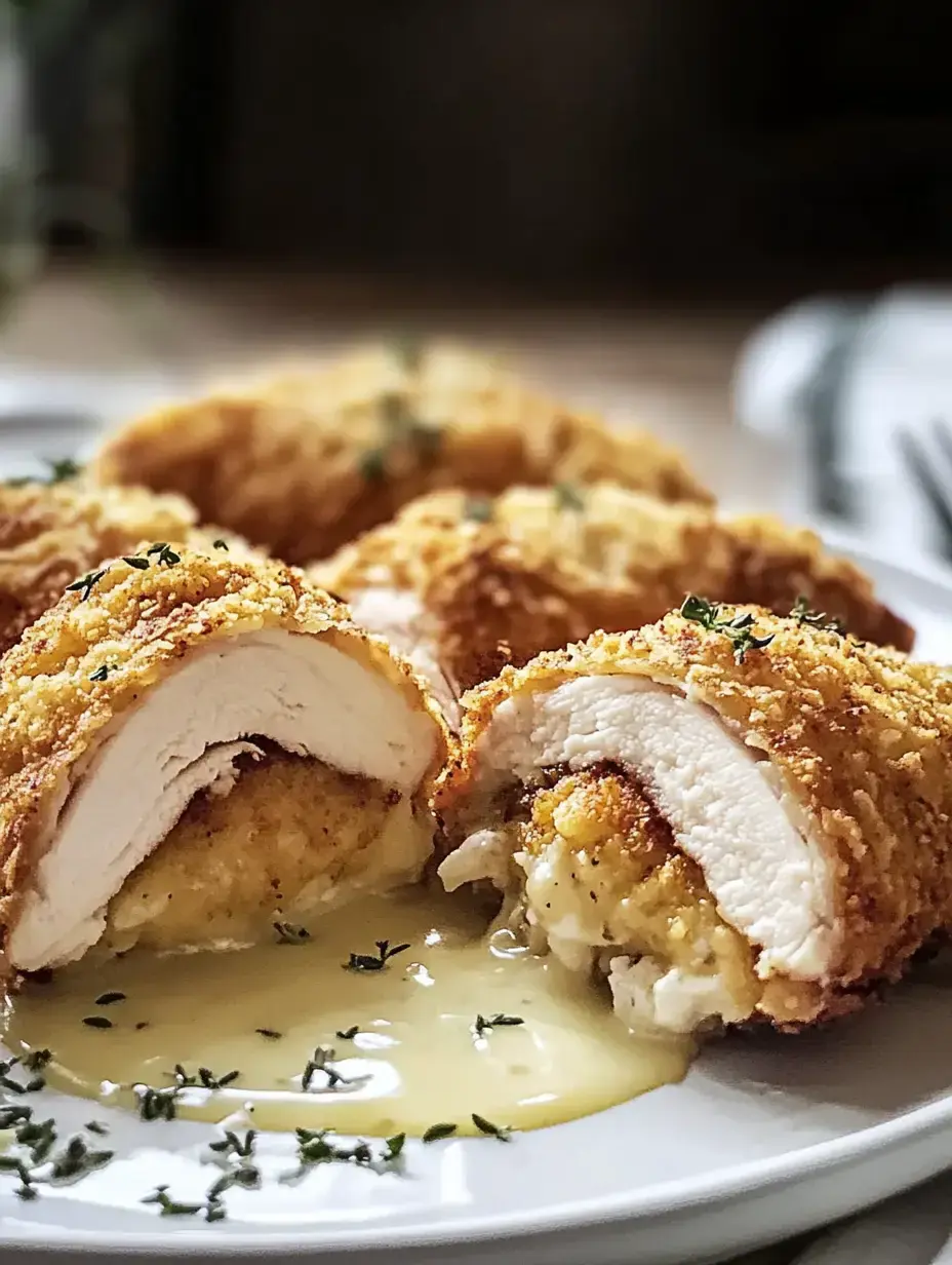 The image shows sliced, golden-breaded chicken stuffed with a savory filling, served with a creamy sauce and garnished with herbs.