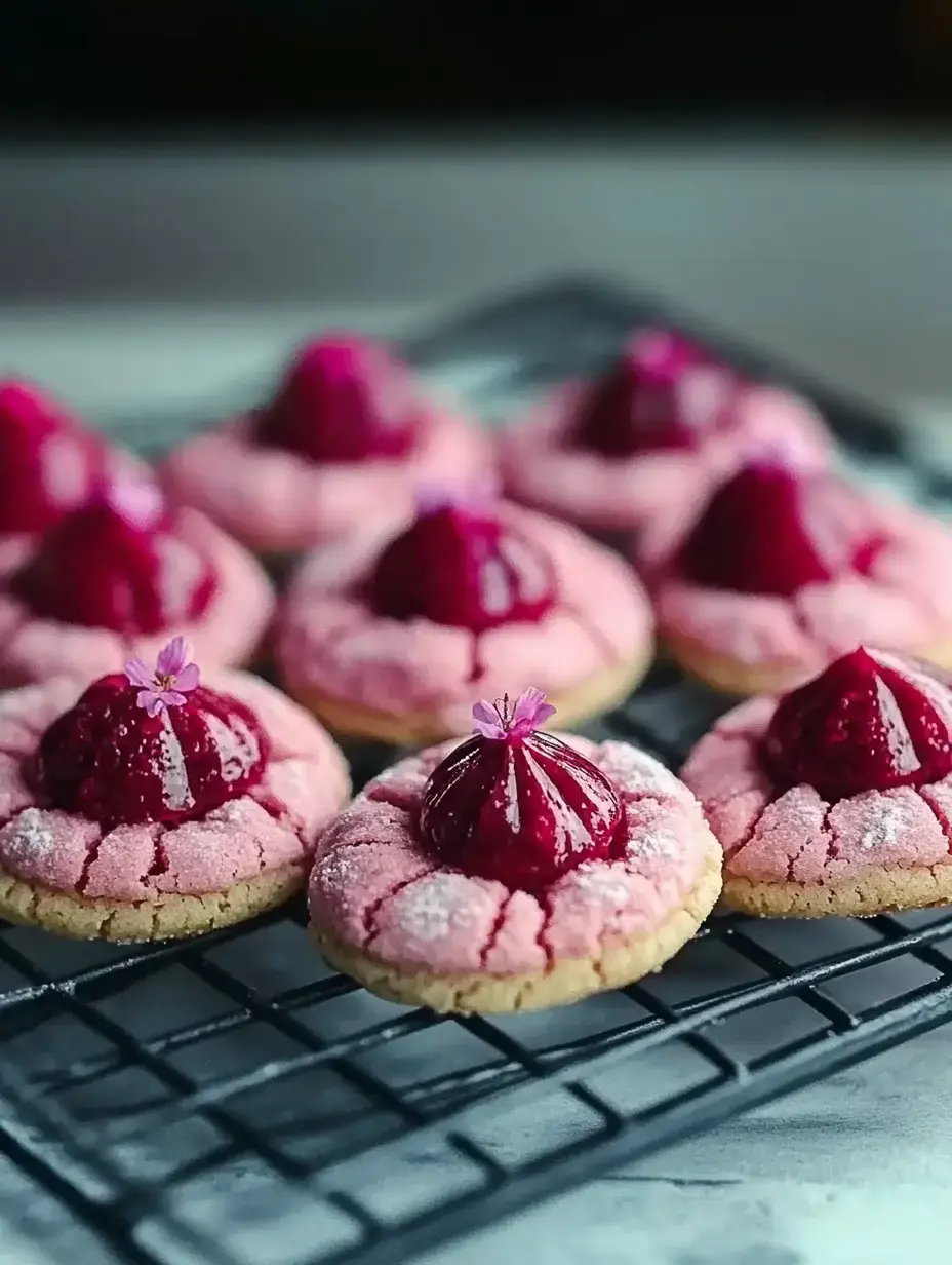 A plate of pink cookies topped with glossy raspberry compote and small edible flowers.