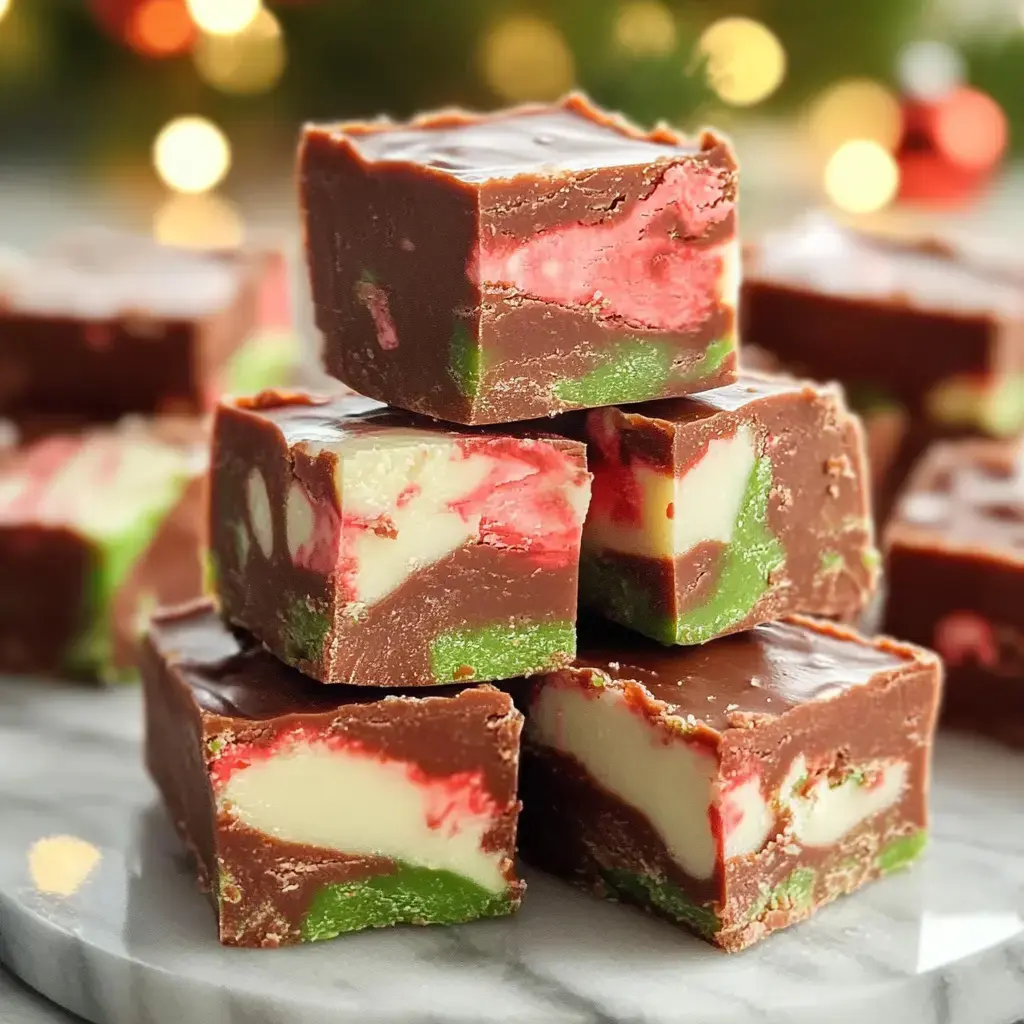 A stack of colorful fudge squares with chocolate, pink, and green layers is arranged on a marble surface, set against a blurred festive background.