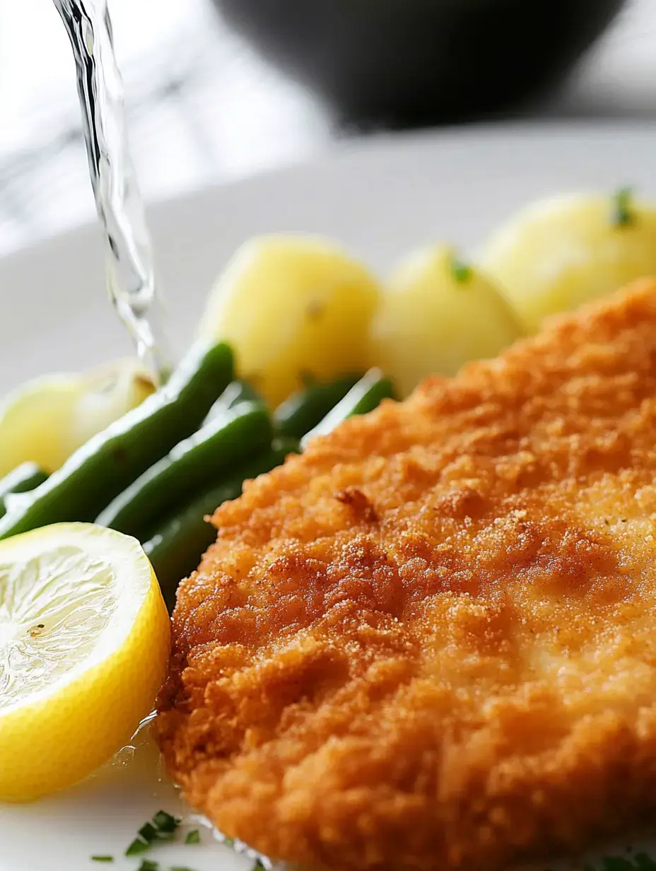 A plate of crispy fried chicken cutlet is accompanied by green beans, boiled potatoes, and a slice of lemon, with water pouring in the background.