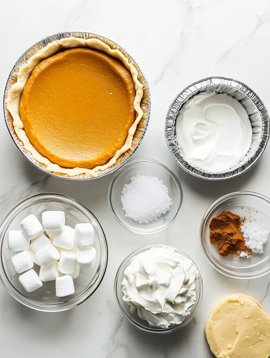 An assortment of ingredients for making a pumpkin pie, including a filled pie crust, whipped cream, marshmallows, spices, and sugar, arranged on a marble surface.