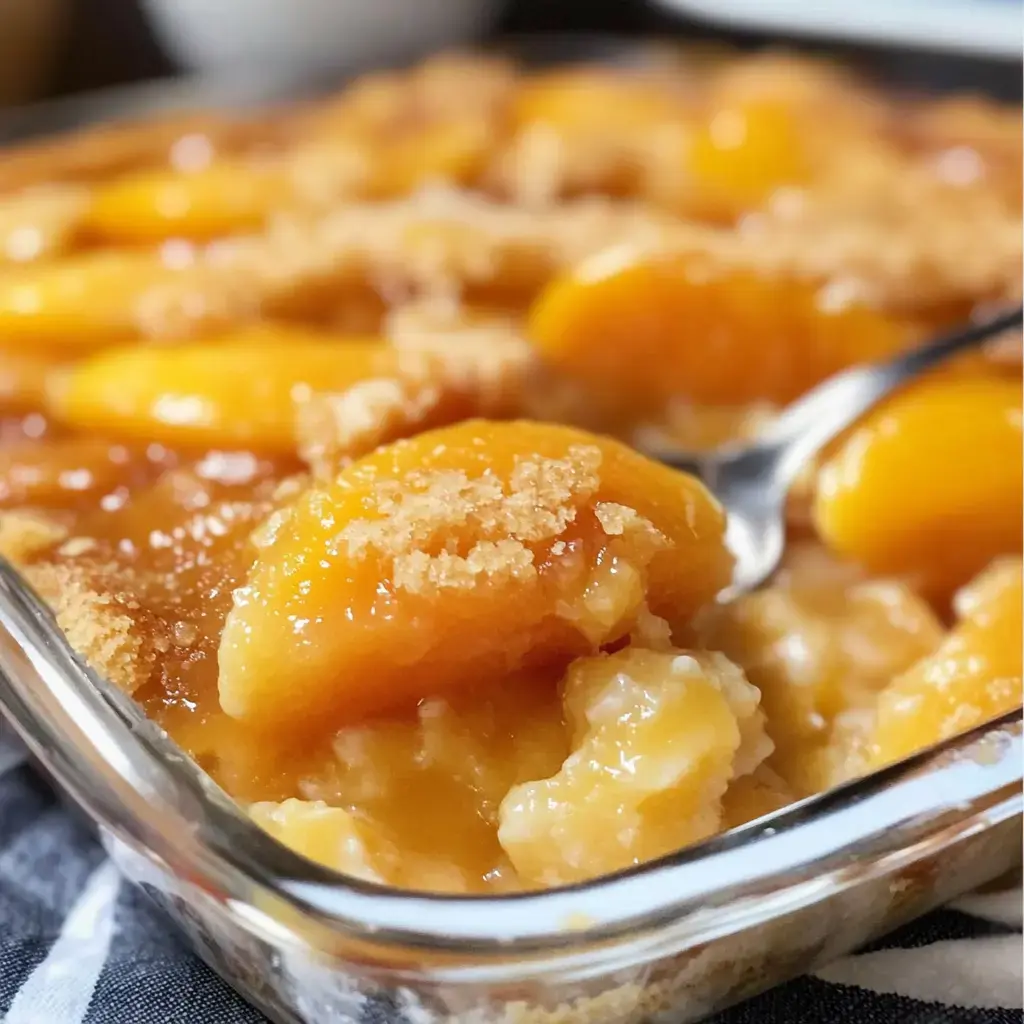 A close-up view of a dish featuring baked peaches topped with a crumbly brown sugar topping.