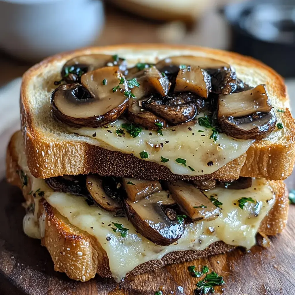 A stacked sandwich featuring melted cheese and sautéed mushrooms on toasted bread, garnished with parsley.