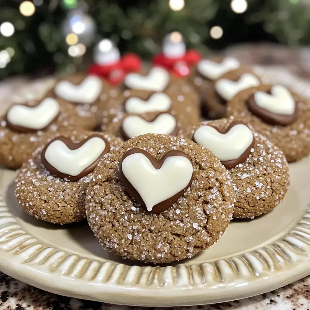 A plate of gingerbread cookies topped with white and brown chocolate hearts, sprinkled with sugar, sitting in front of a blurred holiday background.