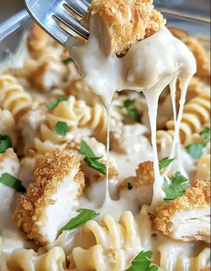 A fork lifts a piece of crispy chicken from a creamy pasta dish, with cheese stretching and fresh parsley sprinkled on top.