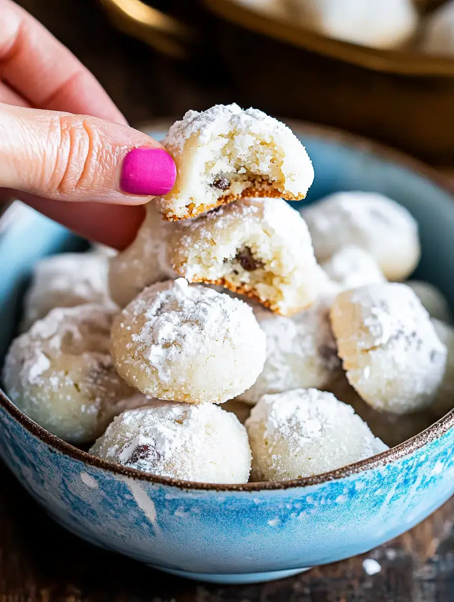 A hand holds a powdered sugar-coated cookie with a bite taken out, surrounded by more cookies in a blue bowl.