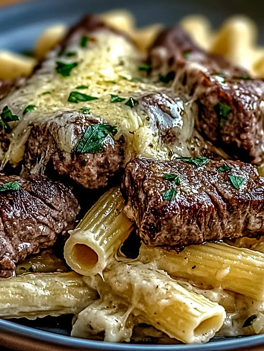 A close-up of tender beef steak pieces served on a bed of creamy rigatoni pasta, garnished with fresh parsley.