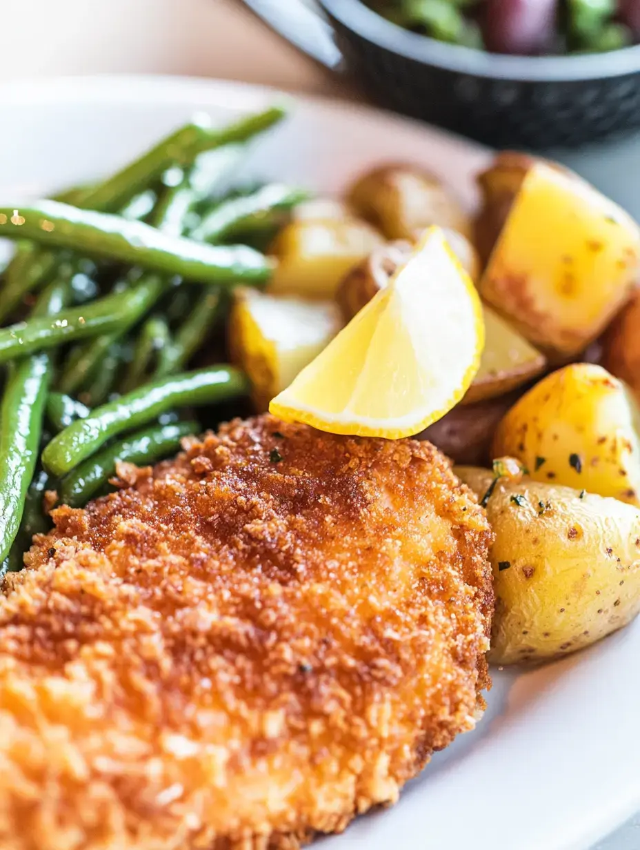 A plate of crispy fried fish is served alongside green beans and seasoned roasted potatoes, garnished with lemon wedges.