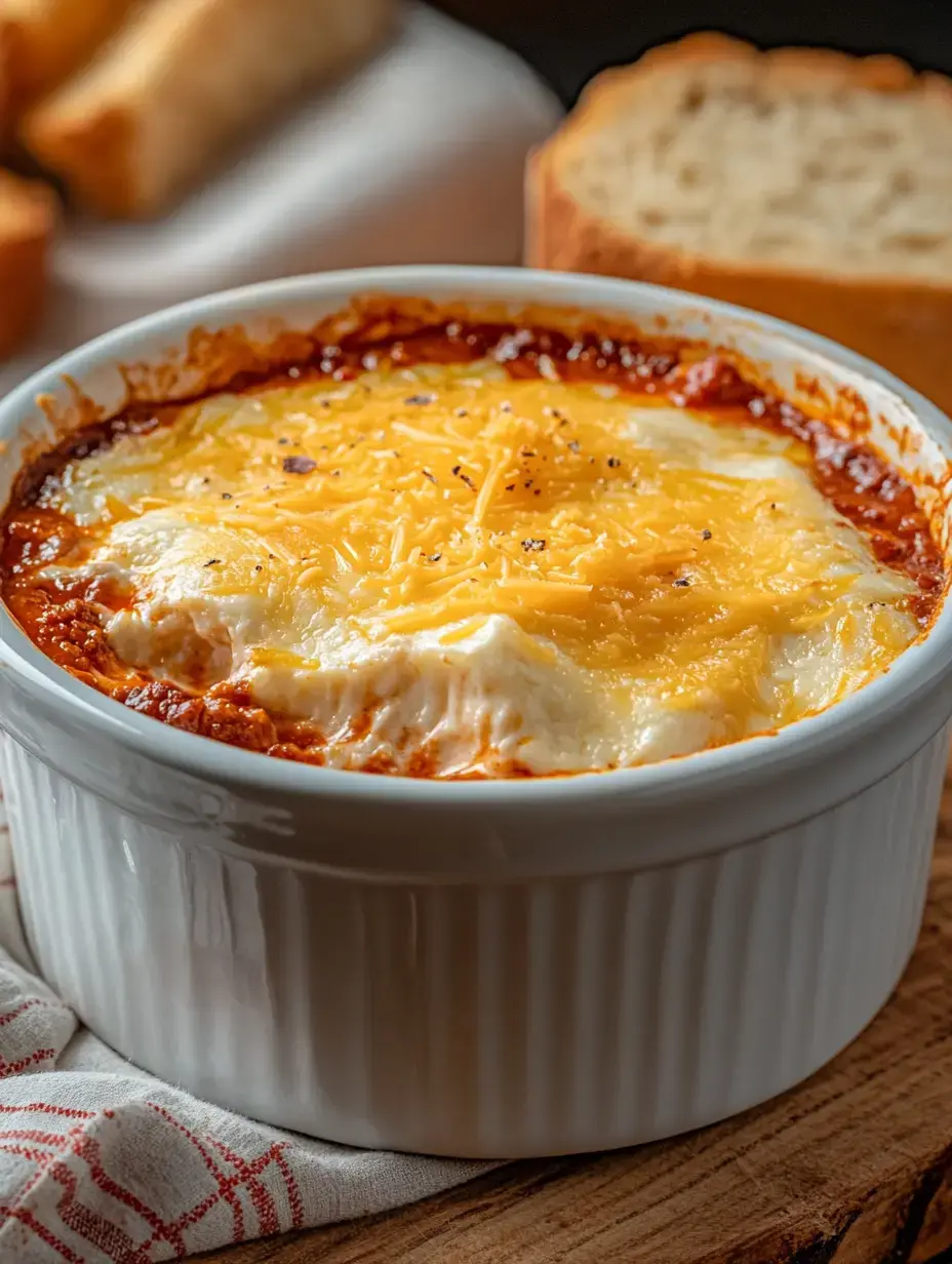 A white dish filled with baked cheesy casserole, served alongside slices of bread on a wooden surface.