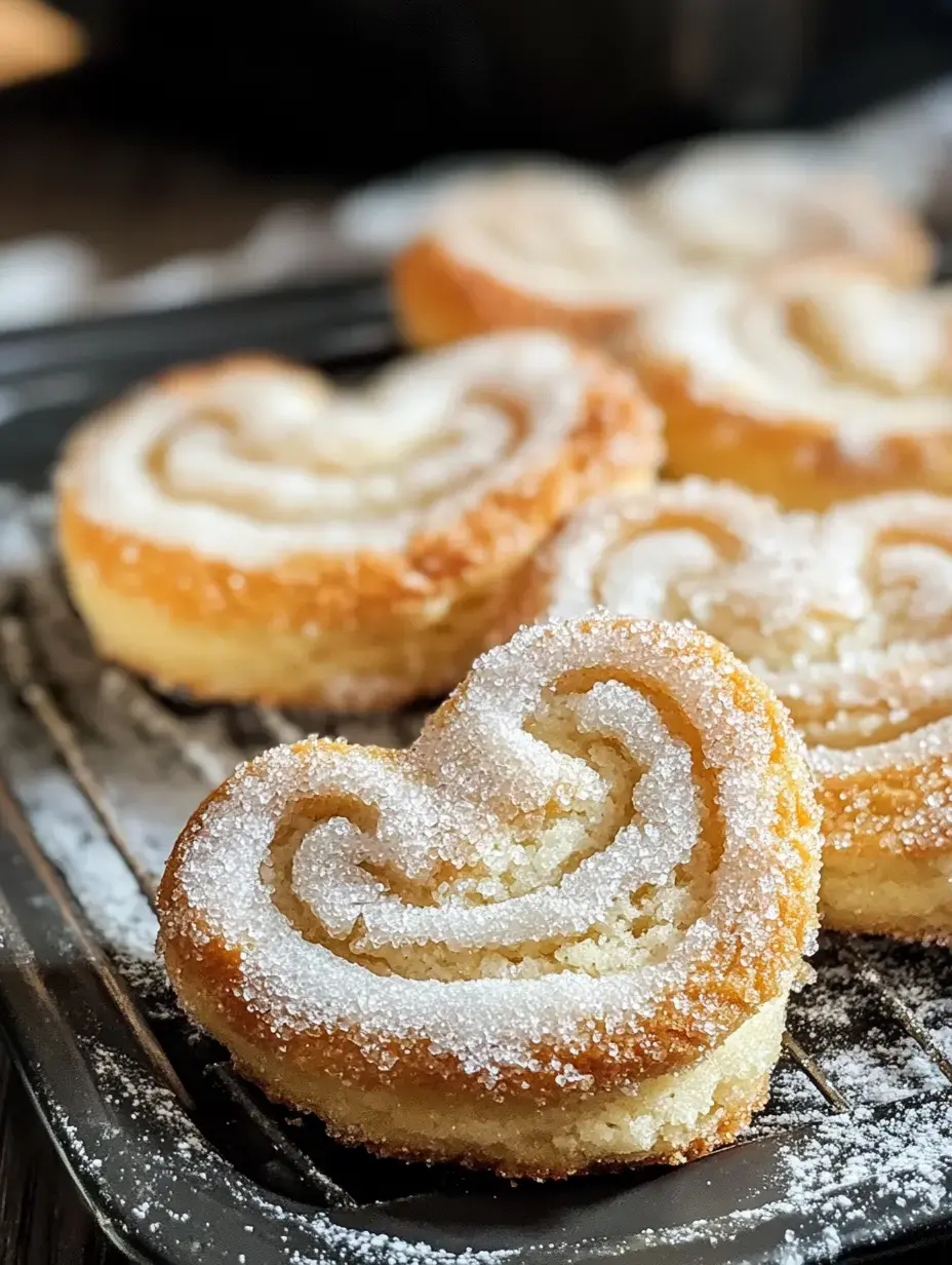 A close-up of heart-shaped pastries dusted with powdered sugar on a cooling rack.