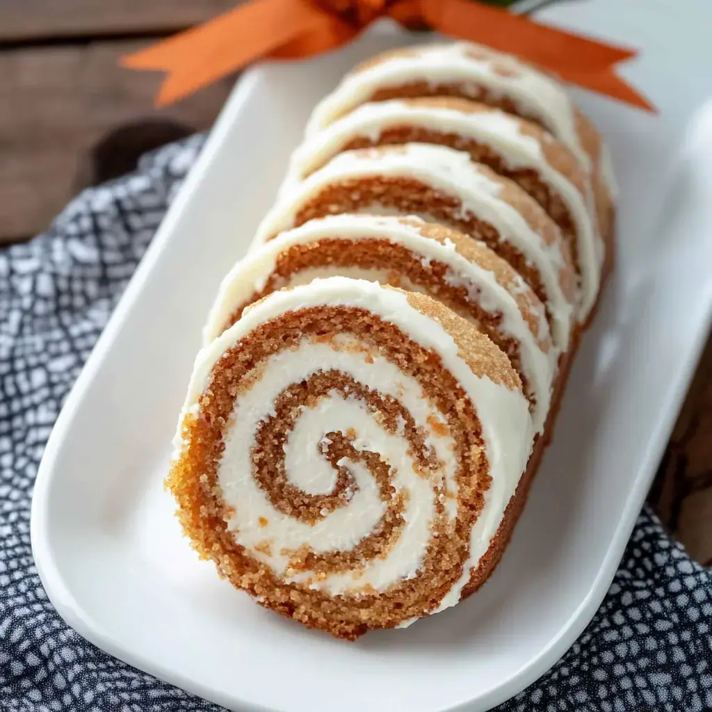 A close-up view of sliced pumpkin roll cake with cream cheese frosting displayed on a white plate.