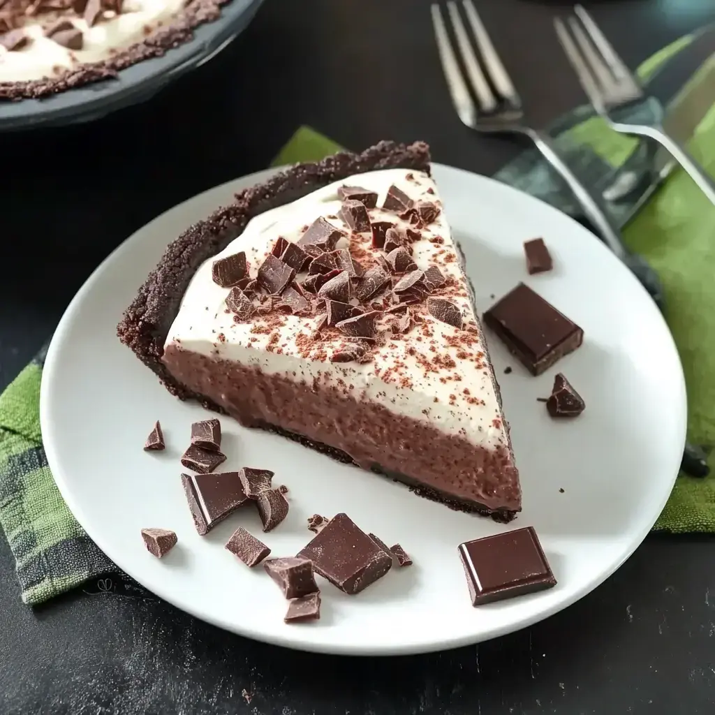 A slice of chocolate cream pie topped with whipped cream and chocolate shavings, served on a white plate with chocolate pieces nearby.