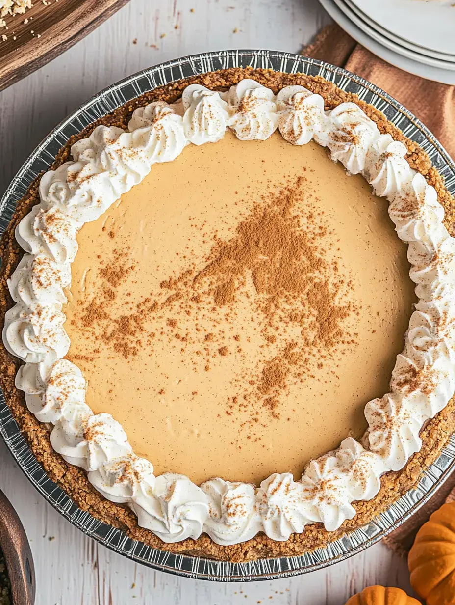 A creamy pumpkin pie with a graham cracker crust, topped with whipped cream and a sprinkle of cinnamon, is displayed on a wooden table.