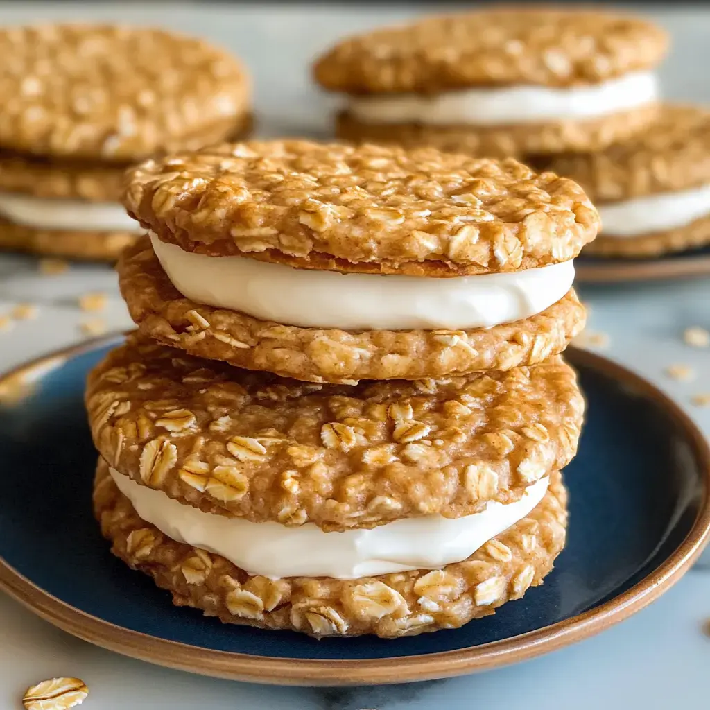 A stack of two oatmeal cookies filled with creamy white filling, placed on a blue plate.