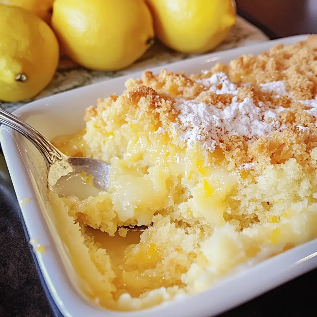 A creamy lemon dessert is partially served in a white dish, with fresh lemons in the background.