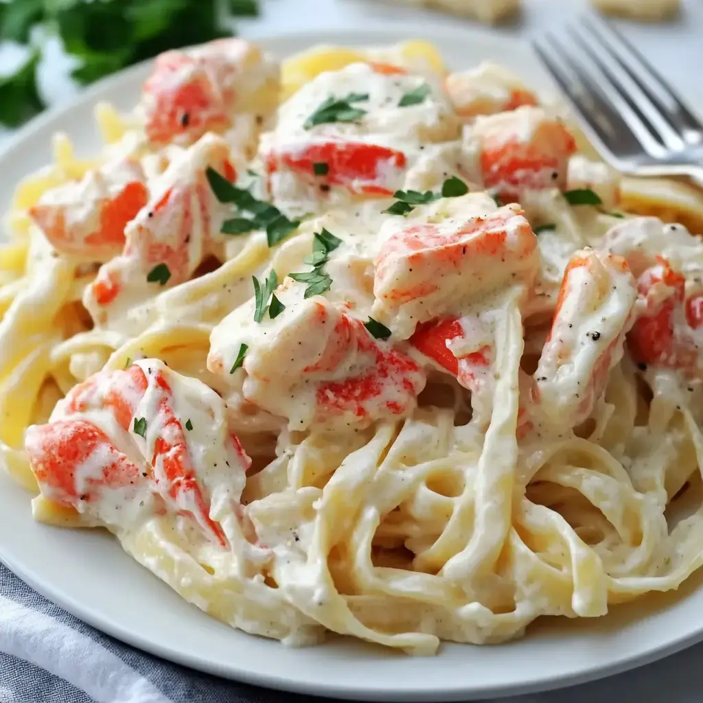 A plate of fettuccine pasta topped with creamy sauce and shrimp, garnished with parsley.