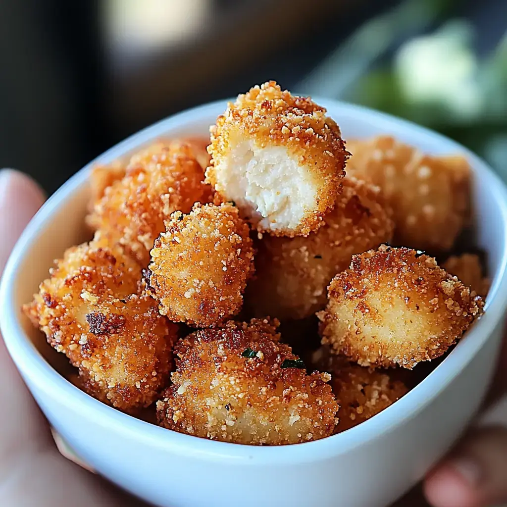 A hand holds a white bowl filled with crispy, golden-brown breaded snacks, some of which are broken open to reveal a soft interior.