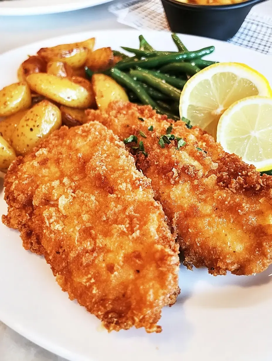 A plate of crispy fried fish fillets served with roasted potatoes, green beans, and lemon slices.