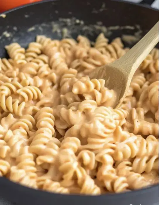 A wooden spoon stirs creamy, cooked rotini pasta in a black skillet.