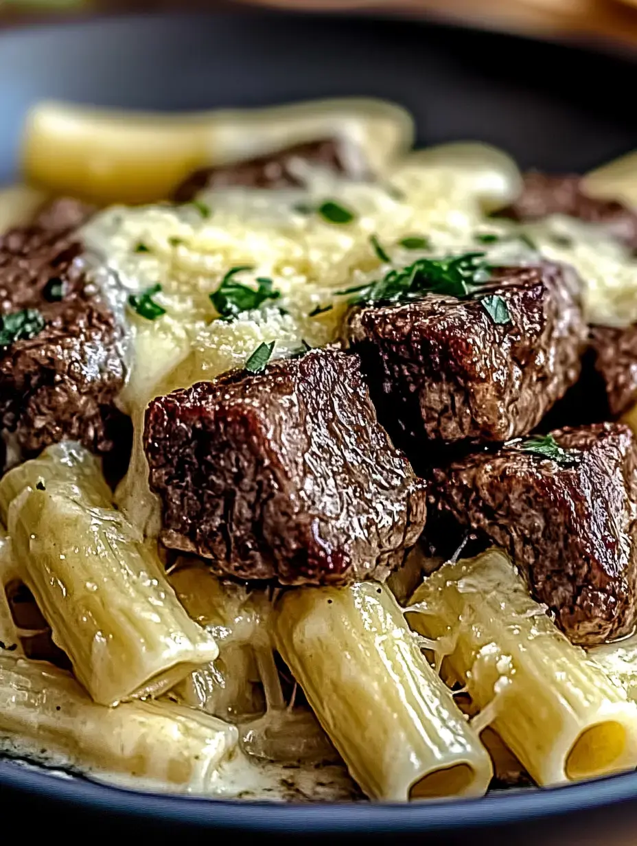 A plate of creamy pasta topped with tender chunks of beef and sprinkled with fresh herbs.