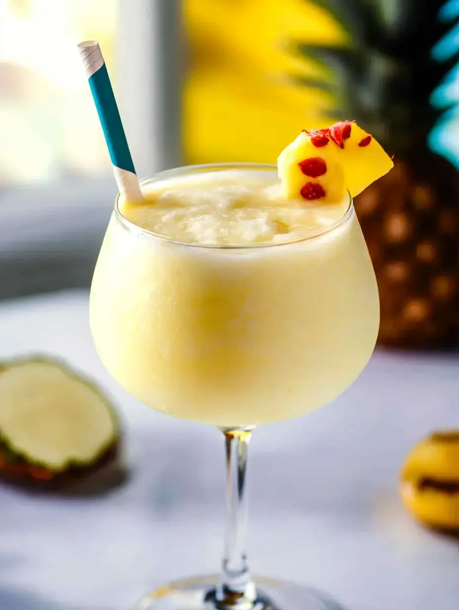 A refreshing frozen drink garnished with a pineapple slice and a striped straw sits in a glass, with a blurred pineapple in the background.