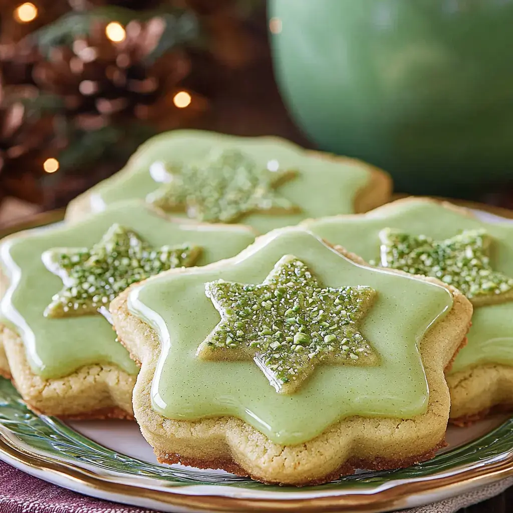 A close-up of green star-shaped cookies decorated with shiny green icing and sugar sprinkles on a decorative plate.