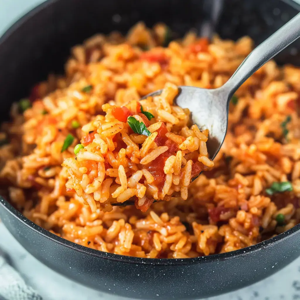 A close-up of a fork lifting flavorful, seasoned rice mixed with tomatoes and herbs from a black bowl.