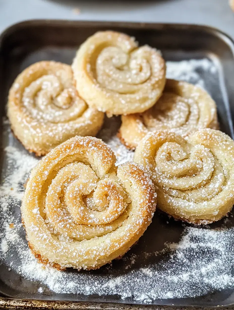 A tray of five spiral-shaped pastries dusted with powdered sugar.