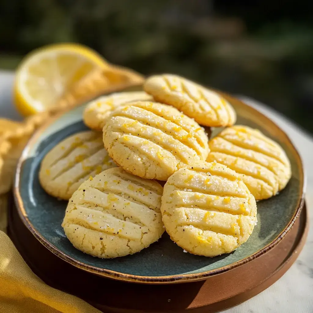 A plate of freshly baked lemon cookies with a textured surface, garnished with a sprinkle of sugar, is set against a blurred natural background.