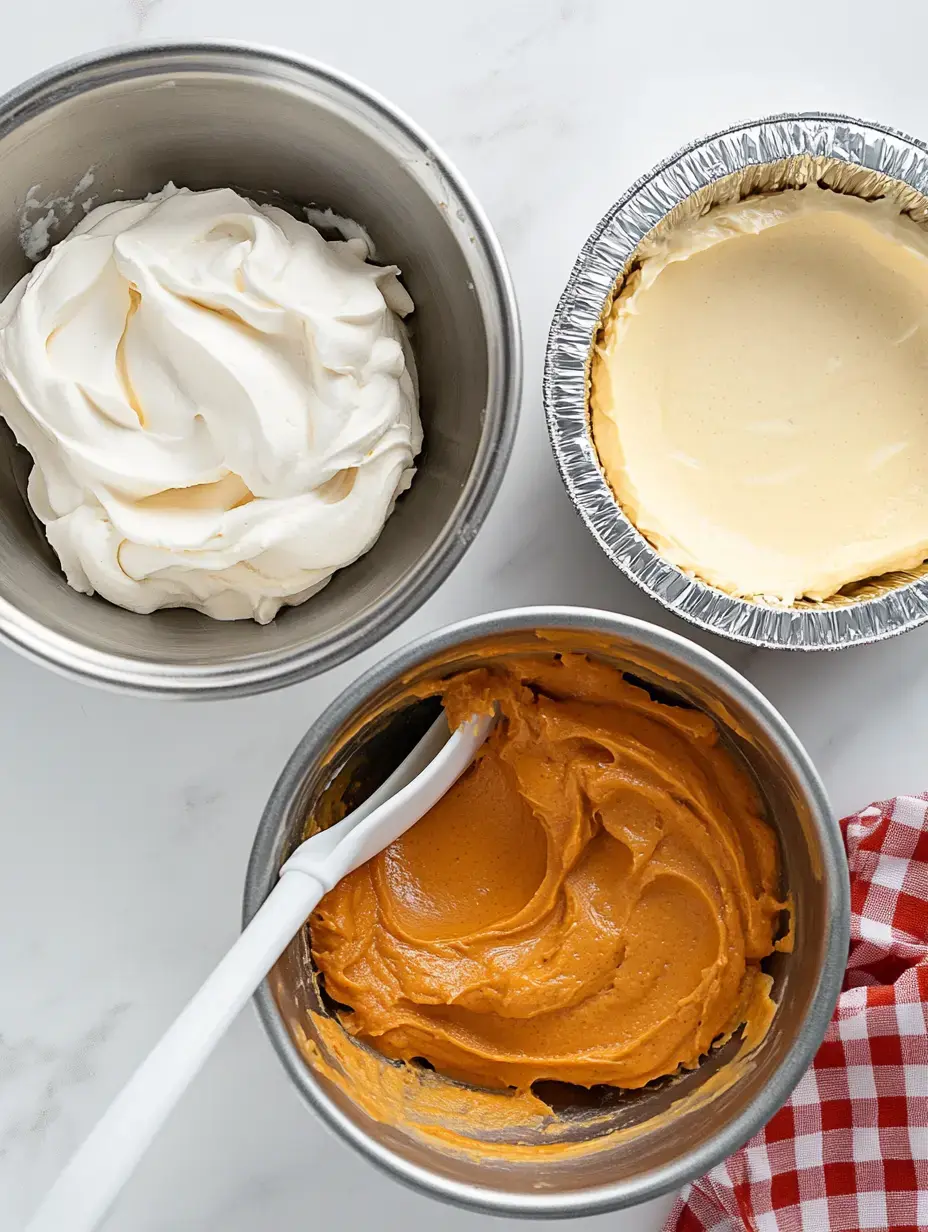 Three bowls contain different mixtures: one with whipped cream, one with pumpkin filling, and one with a cheesecake filling, with a red and white checkered cloth nearby.