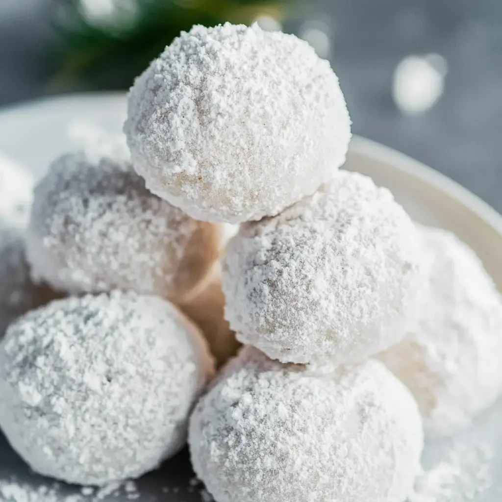 A close-up image of powdered sugar-covered snowball cookies stacked on a plate.