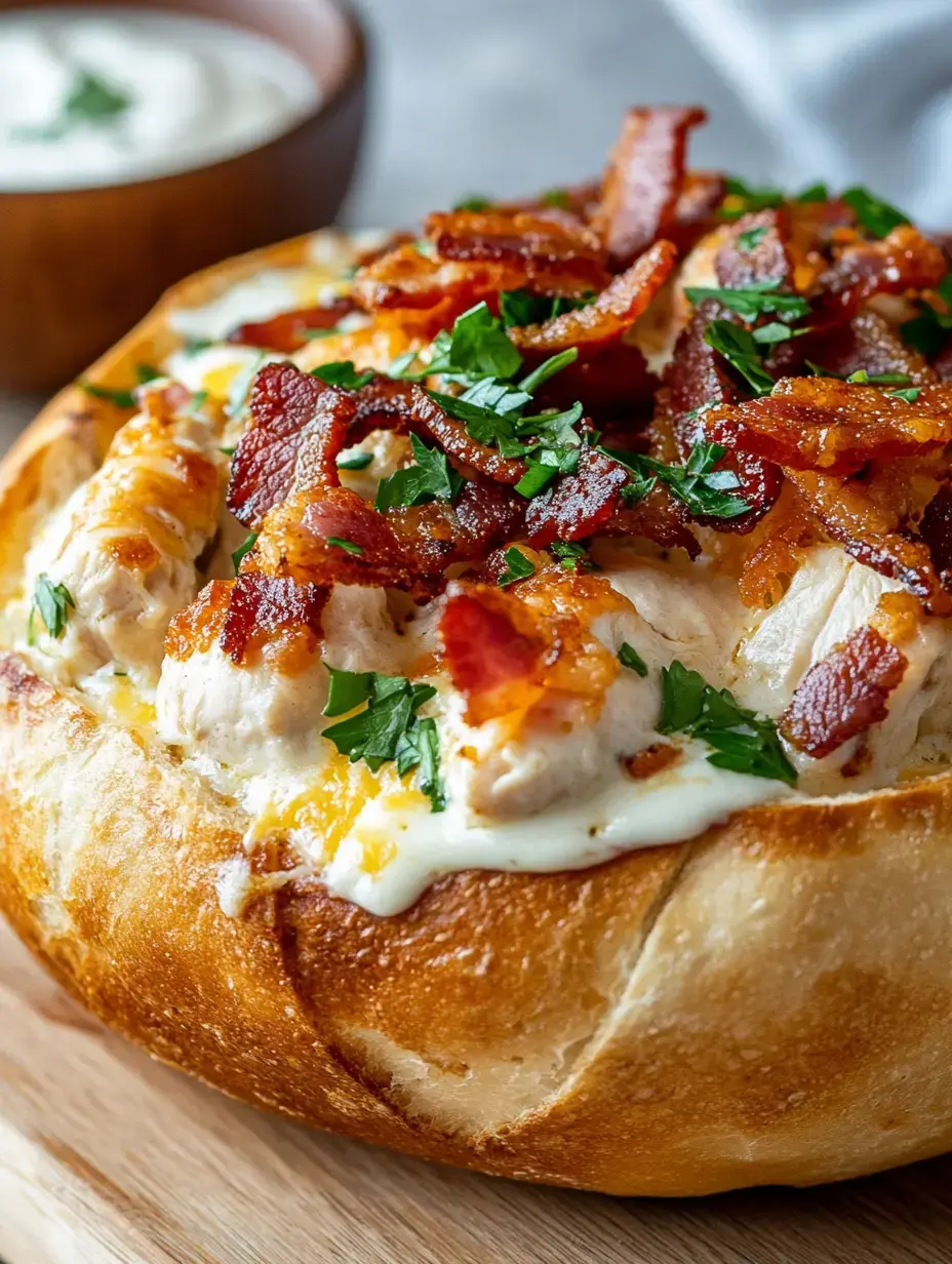 A close-up of a hearty bread bowl filled with creamy chicken, topped with crispy bacon and fresh parsley, alongside a small bowl of creamy dip in the background.