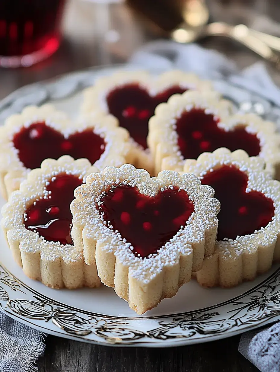 A plate of heart-shaped cookies filled with red jam and dusted with powdered sugar.