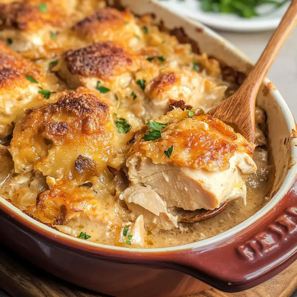 A dish of chicken with a golden, crispy topping, served in a casserole dish and garnished with parsley.