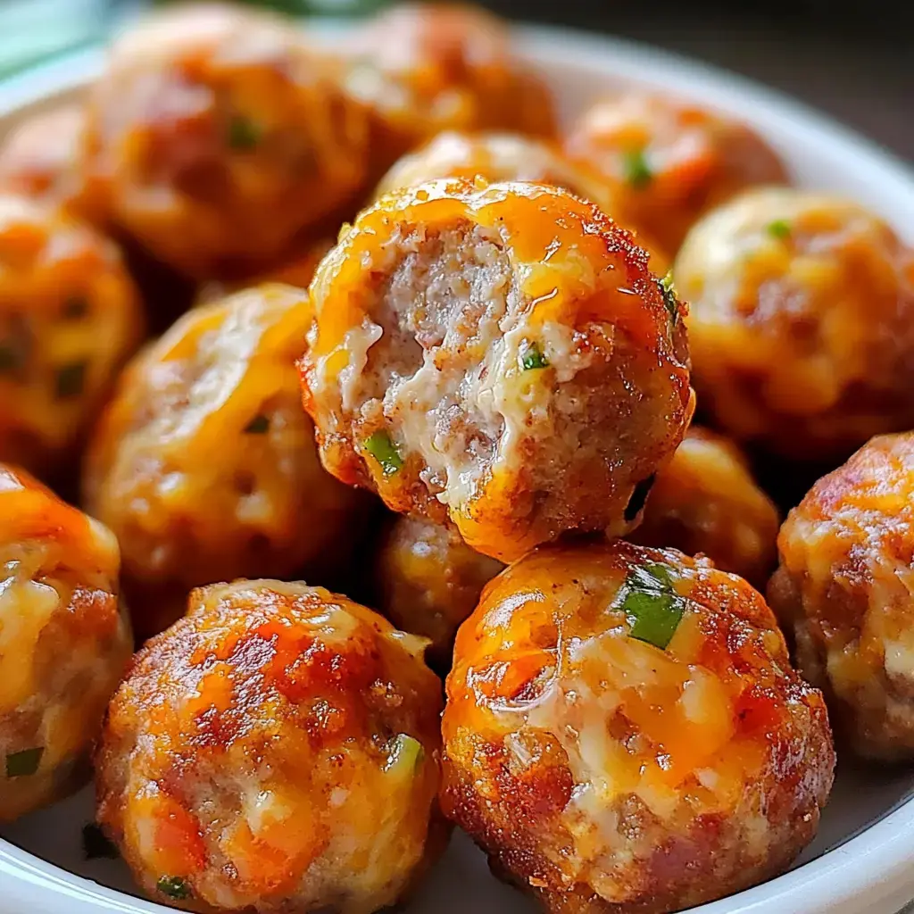 A close-up of savory meatballs, some whole and one cut in half, showcasing a golden-brown exterior and a filling with visible herbs and seasoning.