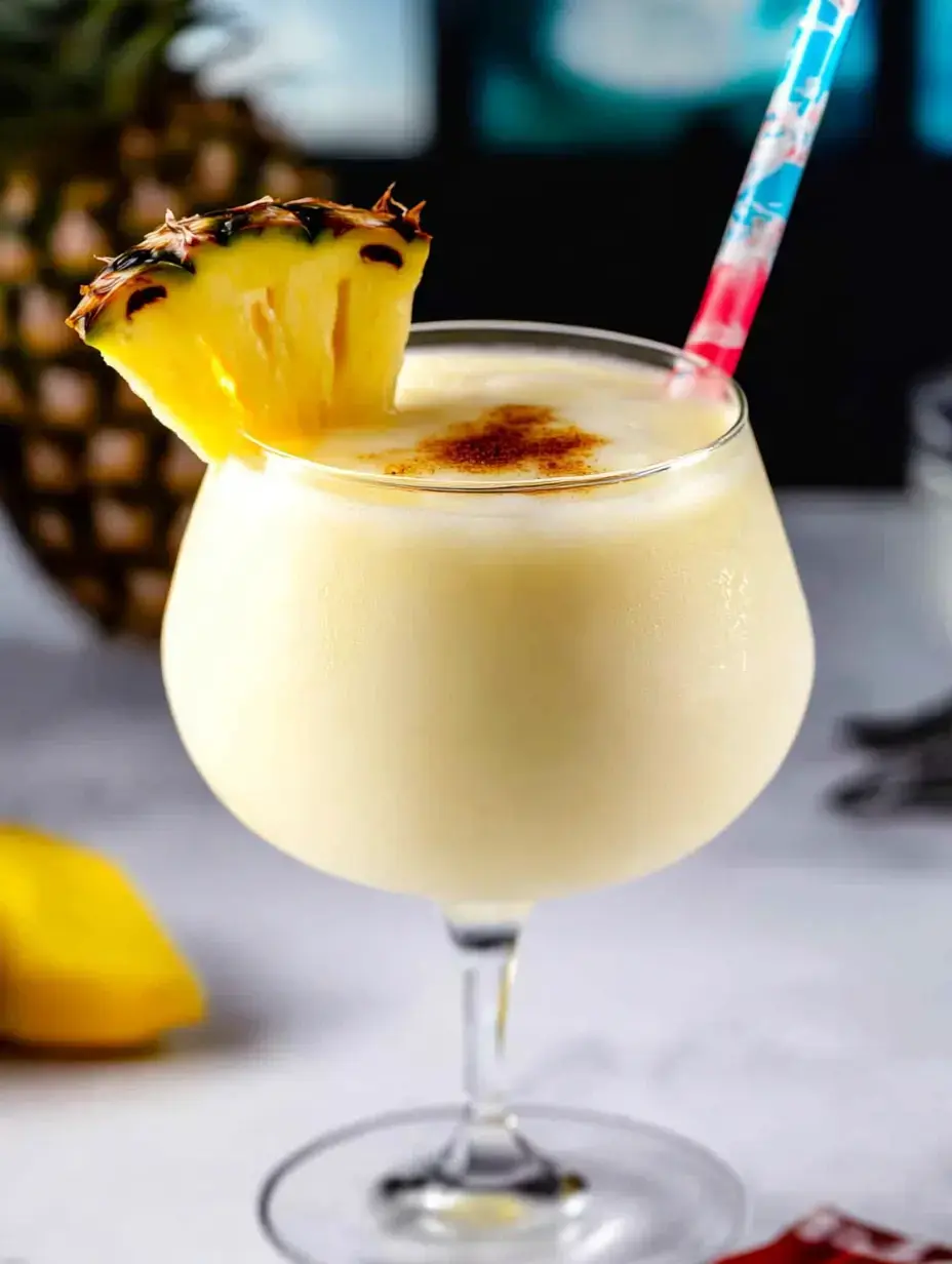 A tropical cocktail garnished with a slice of pineapple and a colorful straw, set against a blurred background featuring a pineapple.