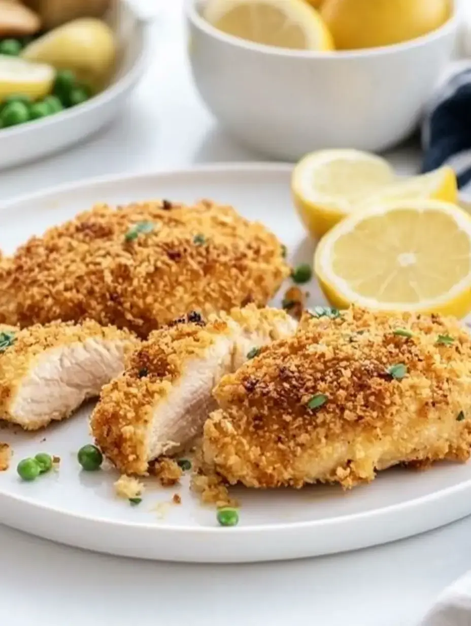 Crispy breaded chicken breasts garnished with green peas and lemon slices on a white plate.