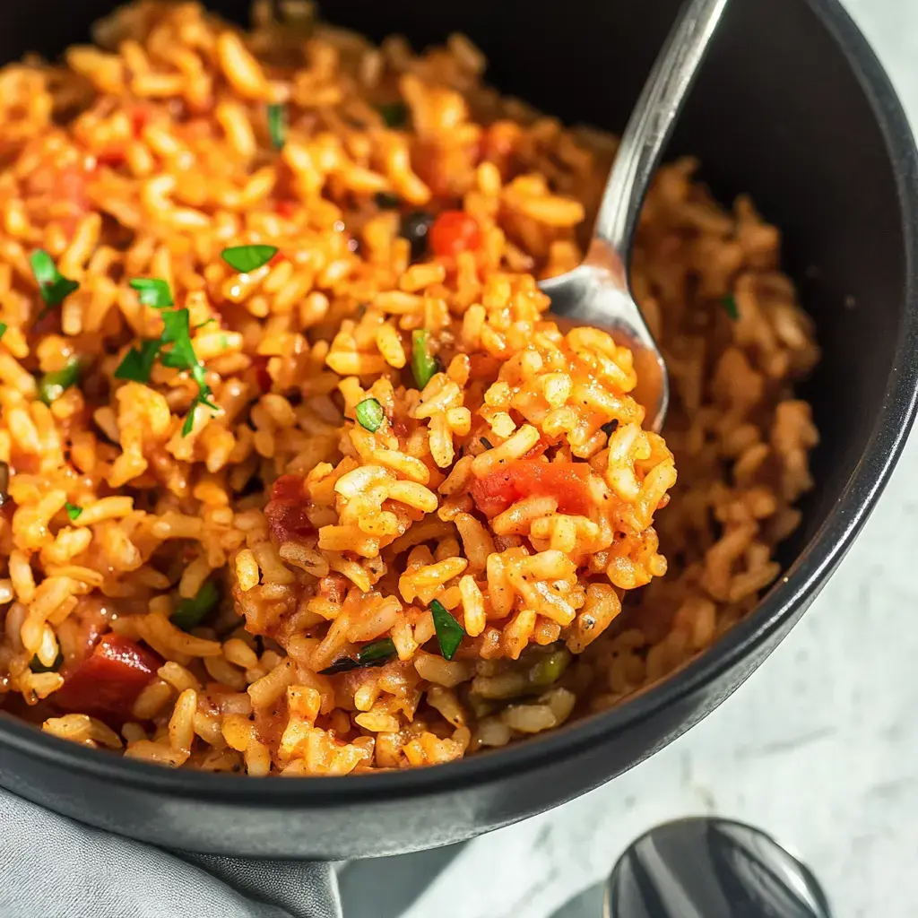 A close-up of a bowl of flavorful rice mixed with diced tomatoes and garnished with fresh herbs.